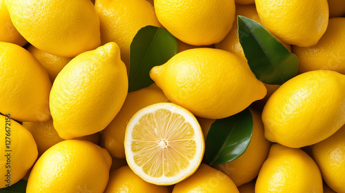 A pile of fresh yellow lemons with a glossy surface, emphasizing their citrus texture, vitamin C content, and natural freshness. photo