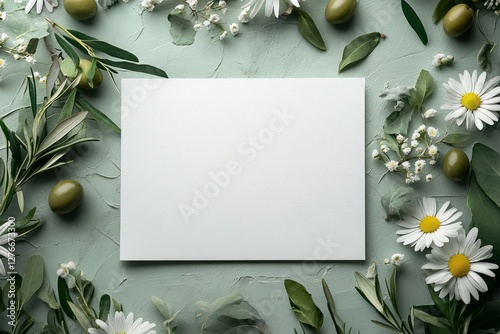 White empty card surrounded by chamomile flowers, olive tree branches and olives on a textured green background creating a natural, elegant and minimal composition