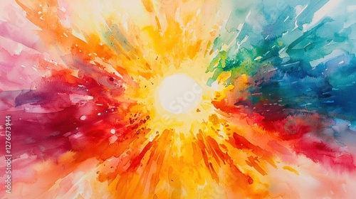 Vibrant Watercolor Painting with Radial Color Bursts on White Canvas