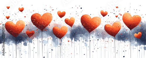 Whimsical red hearts with splatter effect on white background. Vector