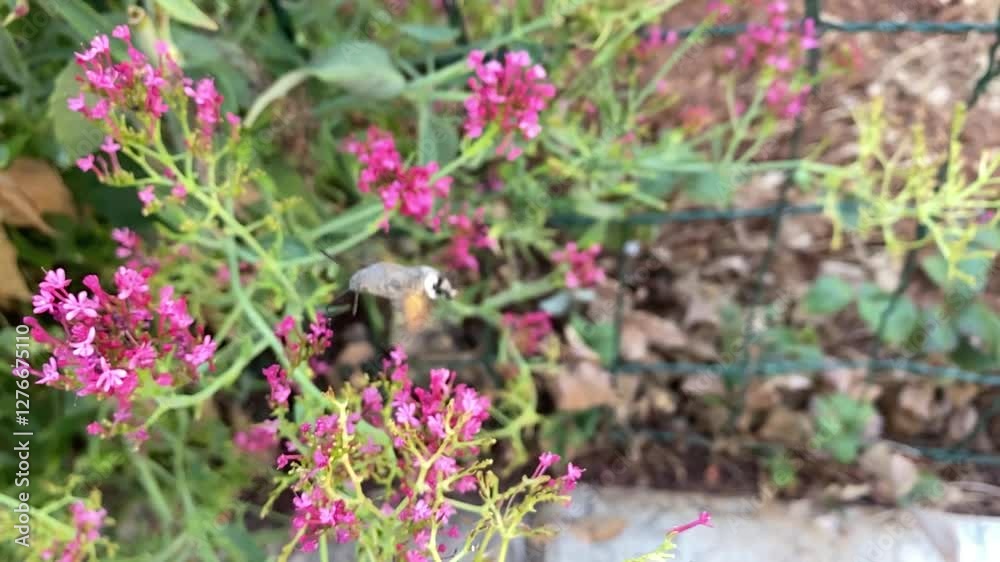 The hummingbird hawk-moth (Macroglossum stellatarum) looking for nectar in between flowers, shot slow motion. The hummingbird hawk-moth (Macroglossum stellatarum) looking for nectar in between flowers, shot slow motion.