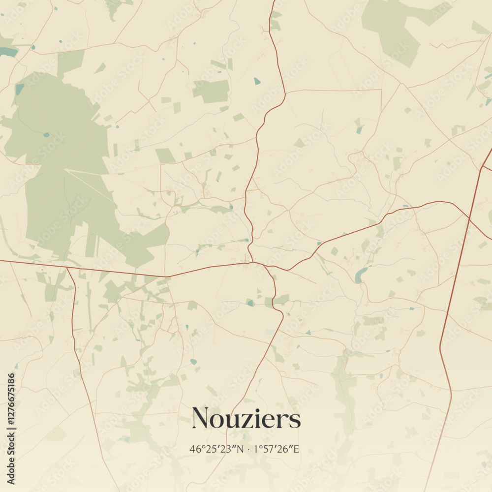 Fototapeta premium Vintage map of Nouziers, France.