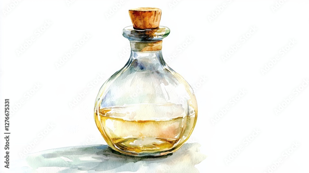 Watercolor painting of a glass bottle with a cork stopper, filled with pale yellow liquid, sitting on a white background. The light casts a soft shadow below the bottle. Watercolor painting of a glass bottle with a cork stopper, filled with pale yellow liquid, sitting on a white background. The light casts a soft shadow below the bottle.