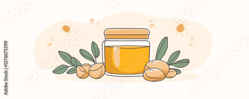 Illustration of argan oil jar with nuts and leaves on natural background. Vector