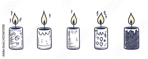 Hand-drawn candles with hearts and patterns burning with flickering flames in line art. Vector