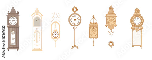 Vintage antique clocks collection displaying various elegant designs and styles. Vector