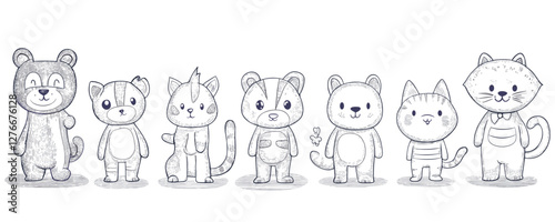 Cute hand-drawn animal characters: bear, cats, and friends in a lineup. Vector