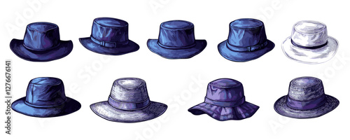 Collection of vintage top hats: blue, purple, and white variations on display. Vector