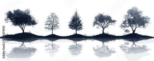 Five trees reflecting in water: serene landscape with silhouettes and symmetry. Vector