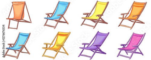 Colorful foldable deck chairs set: vibrant seating options for outdoor relaxation and comfort. Vector