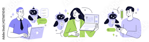 AI technology set. Characters using artificial intelligence generative tools for business tasks, content creation, marketing, automation. Vector illustration.
