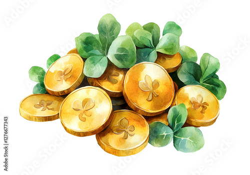 A bunch of gold coins with shamrocks on them