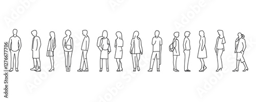 Simple line drawing of group of business people standing in line and engaging in conversation. Vector
