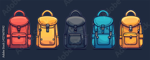 Colorful backpacks in a row on dark background displaying variety and style. Vector