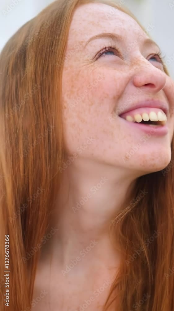 White woman with long red hair smiling brightly in casual setting indoors, close up White woman with long red hair smiling brightly in casual setting indoors, close up