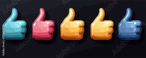 Colorful thumbs up icons on black background displaying approval and agreement. Vector