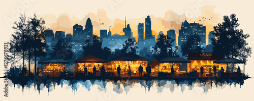 People exploring vibrant urban night market against city skyline background. Vector
