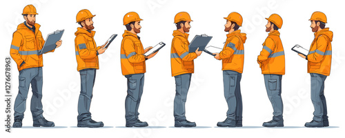 Group of male construction workers in orange jackets with clipboards viewed from different angles. Vector