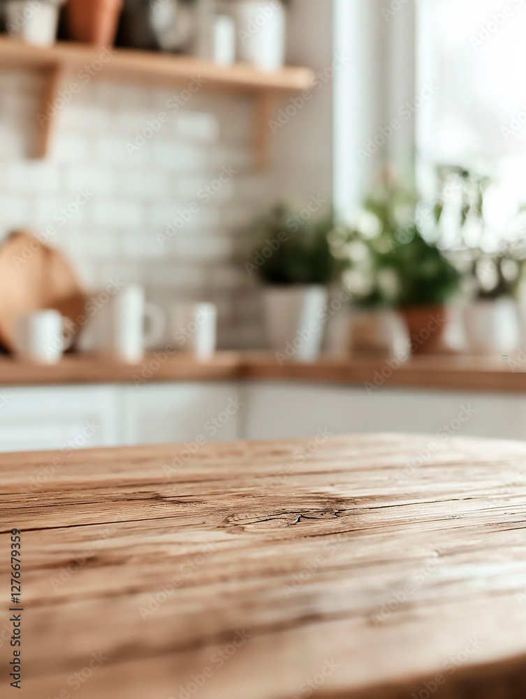 Table top with empty podium for product presentation on blur kitchen interior background, advertising Table top with empty podium for product presentation on blur kitchen interior background, advertising