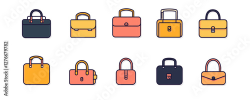 Colorful collection of stylish bags: varied shapes and designs on white background. Vector