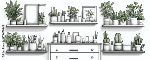 Modern shelving with diverse indoor plants and toiletries in minimalist bathroom. Vector