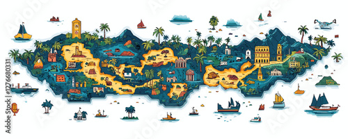 Illustrated map of tropical island with landmarks, ships, and palm trees. Vector