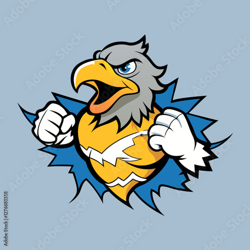 Cartoon eagle mascot, fierce expression, aggressive pose, white and gold feathers, clenched fist, beak wide open, yellow beak, blue background, stylized illustration, sports team logo, dynamic composi