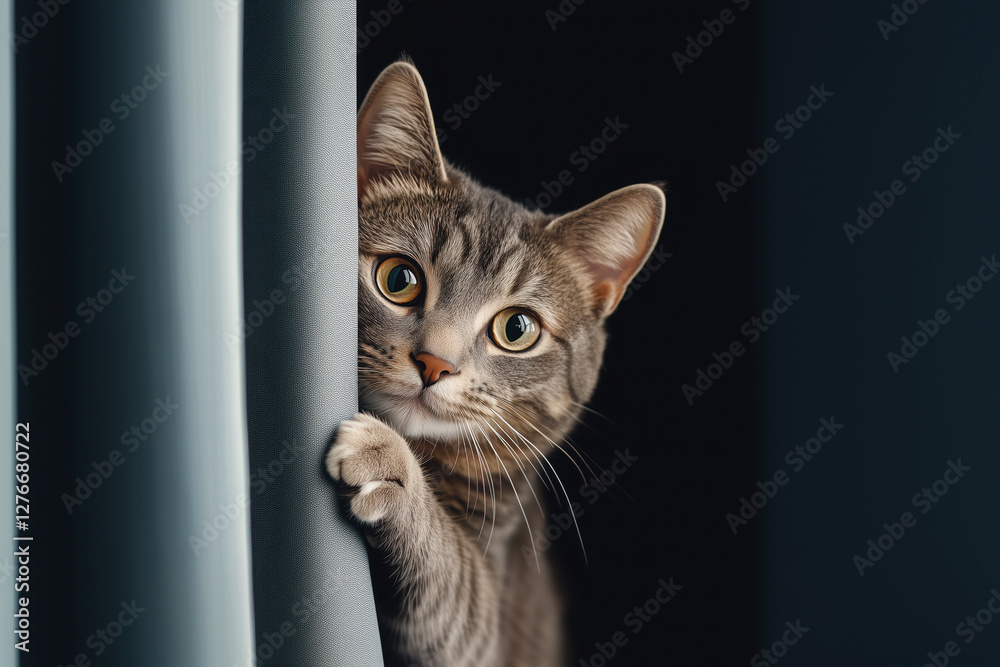 Gray cat peeks out from behind curtain with caution and curiosity. Portrait of cute pet cat in interior Gray cat peeks out from behind curtain with caution and curiosity. Portrait of cute pet cat in interior