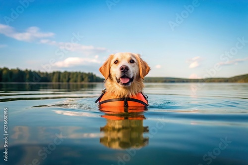 Dog swimming is safer with a water-friendly life jacket. A happy golden retriever in a life jacket swims in a serene lake under a clear blue sky.