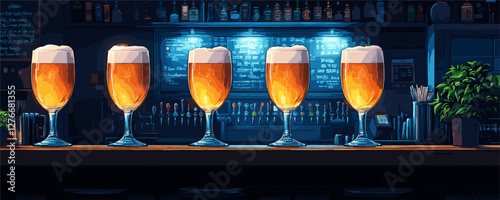 Five glowing beer glasses on bar counter with neon blue background. Vector