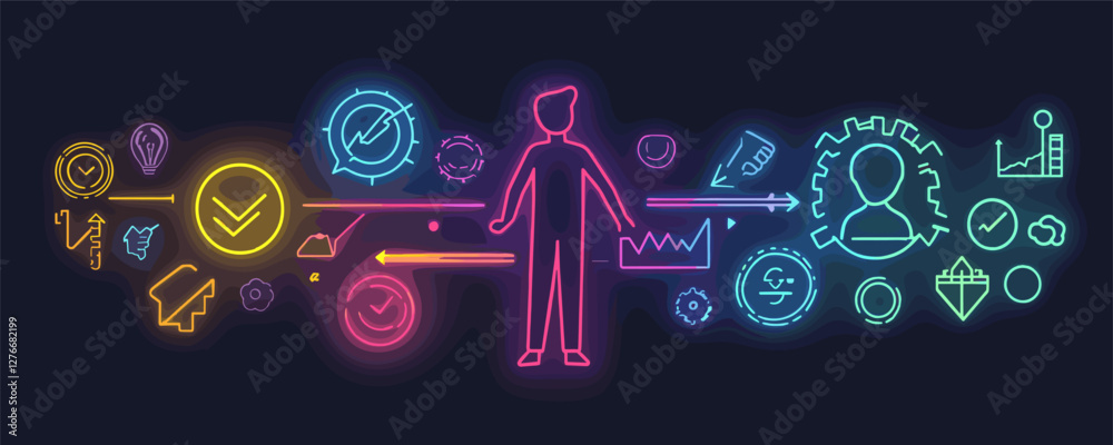 Obraz premium Futuristic technology interface with neon human and data symbols on dark background. Vector