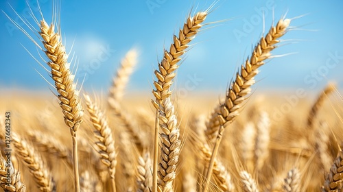 Scenic road trips in the USA depend on weather. A close-up view of golden wheat stalks swaying against a clear blue sky, showcasing the beauty of a bountiful grain field.