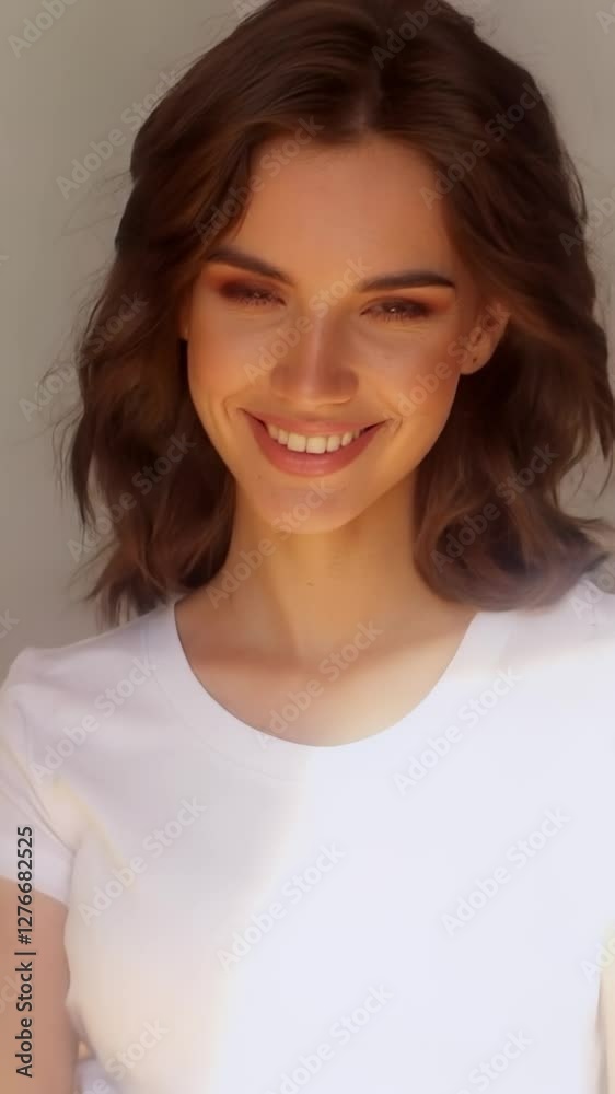 Smiling woman with long brown hair wearing white top poses outdoors in joyful atmosphere Smiling woman with long brown hair wearing white top poses outdoors in joyful atmosphere