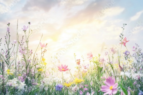Meadow filled with spring flowers under a cloudy sky