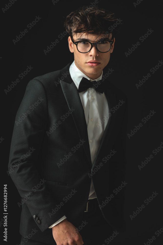 sexy businessman wearing black suit and glasses holding pocket sexy businessman wearing black suit and glasses holding pocket
