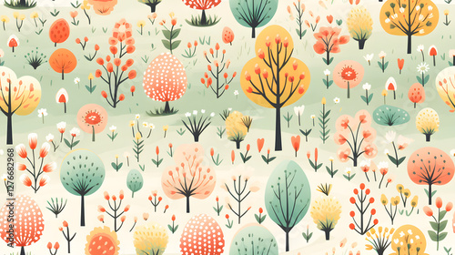 A colorful painting of a forest with trees and flowers
