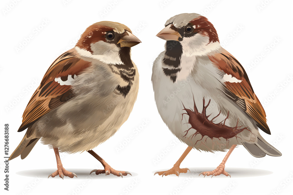Fototapeta premium A detailed vector illustration showing a healthy and diseased sparrow side by side