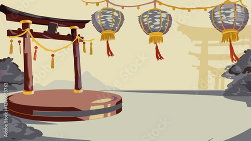 Traditional Chinese red podium with torii gate, lanterns, and serene background