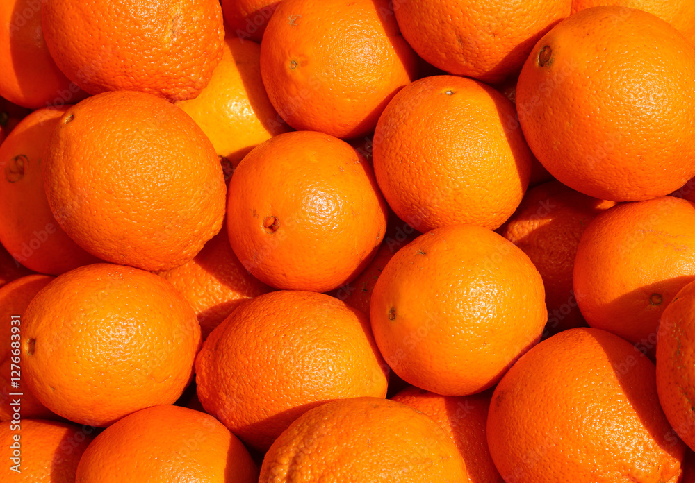 Background of large ripe orange oranges freshly picked from the citrus grove in the Mediterranean country Background of large ripe orange oranges freshly picked from the citrus grove in the Mediterranean country