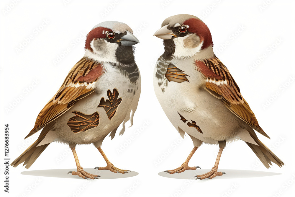 A detailed vector illustration showing a healthy and diseased sparrow side by side A detailed vector illustration showing a healthy and diseased sparrow side by side