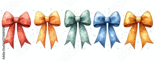 Colorful festive bows pattern with red, yellow, green, and blue bows. Vector