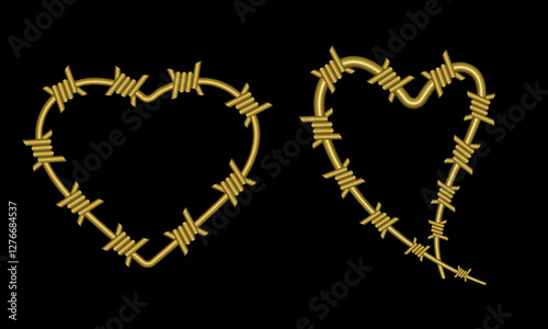 Vector drawing. A golden heart made of barbed wire,
 a set of hearts for design. The golden brooch