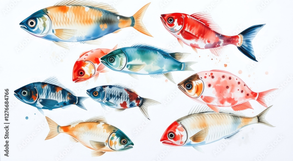 Watercolor sketch of a colourful school of fish on white background.