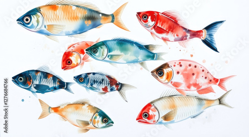Obraz na płótnie Watercolor sketch of a colourful school of fish on white background. w salonie