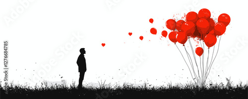 Silhouette of a man observing red balloons in artistic grassy field with splash effects. Vector