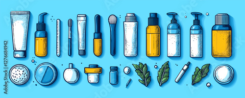 Assorted skincare products with brushes and leaves on blue background. Vector