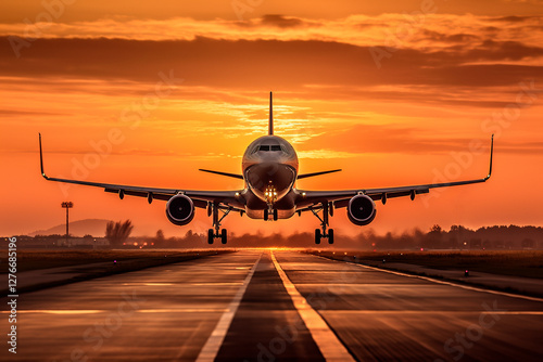 airplane landing at sunset front view