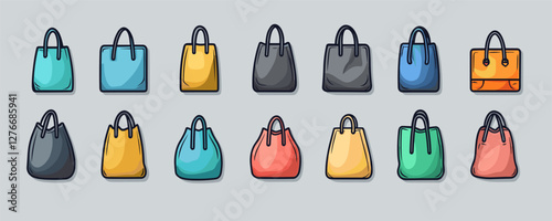Colorful variety of stylish handbags arranged in rows on a light background. Vector