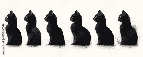 Evolution of digital black cat transformation from realistic to abstract art styles. Vector