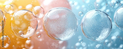 Colorful close-up of floating bubbles with textured reflections in mixed light photo